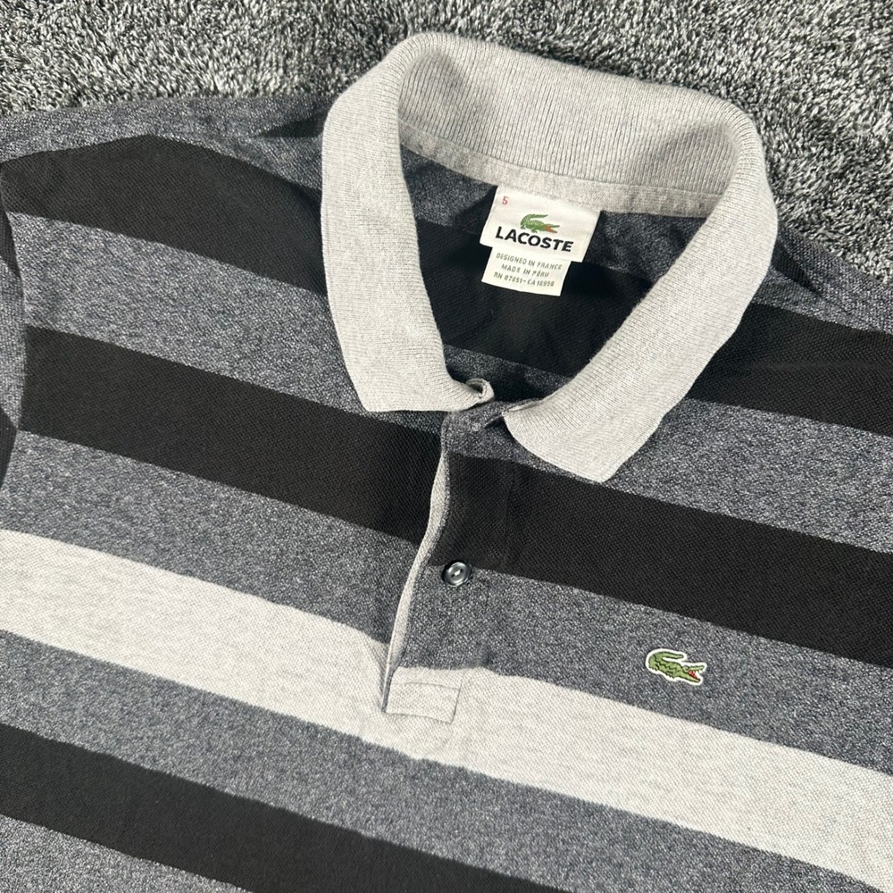 Lacoste Polo Shirt Mens 5 Grey Black Striped Short Sleeve Pique Top Mesh Tennis